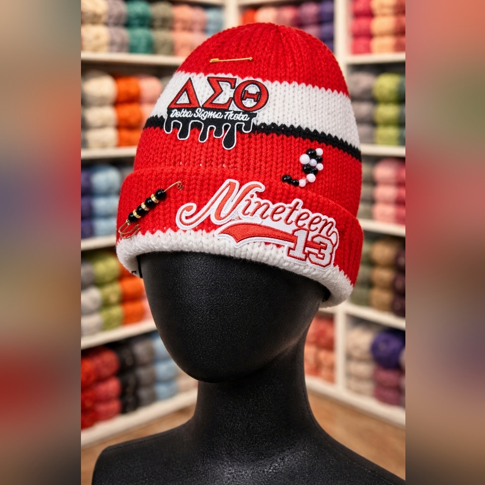 Red and White Beanie with Decorative Pins